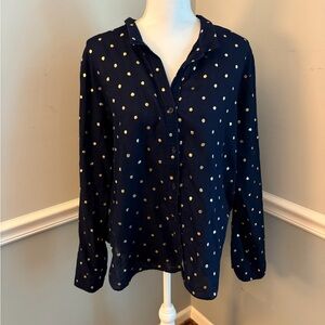 Cloth & Stone Women’s Navy & Gold Polka Dot Button Down Cotton Blouse - Large